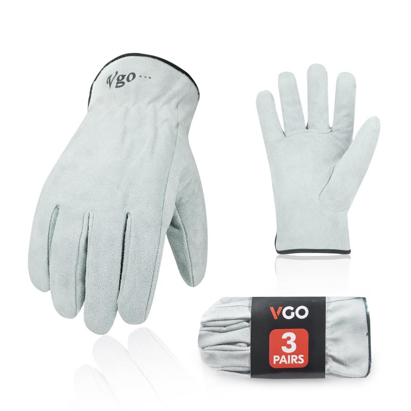 Vgo... 3-Pairs Unlined Cowhide Split Leather Work and Driver Gloves, for Heavy Duty, Truck Driving, Warehouse, Gardening, Farm (Size XL, White, CB9501) - Image 1